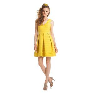 NWT TRINA TURK Yellow Cotton Tweed Fringed Pleated Fit & Flare Dress, Size 10